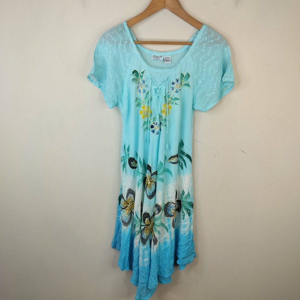 Sante Floral Embroidered Tie Dye Dress One Size Boho Sequins Fairy Flowy Whimsy